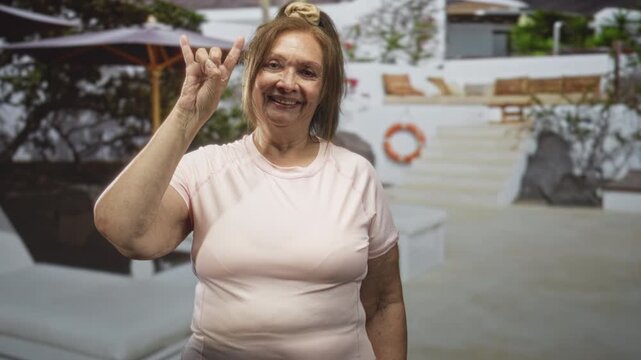 Senior hispanic woman smiling showing rock hand sign with raised index and pinky fingers at poolside resort with lifebuoy and lounge chairs; joy.