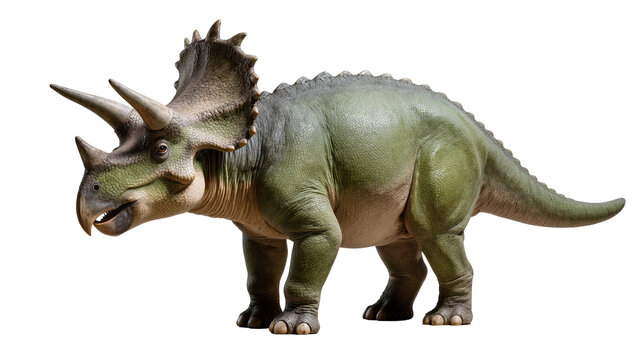 Green Triceratops dinosaur with three horns and frill, isolated on transparent background