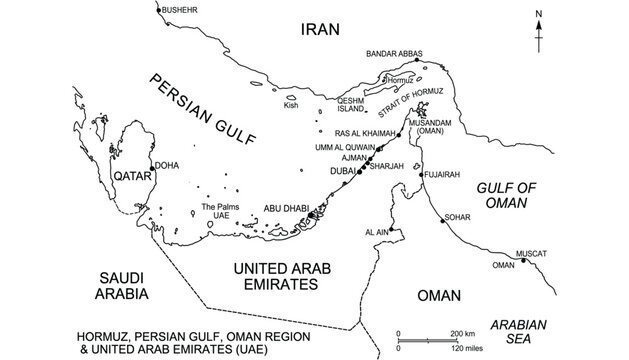 Map of Persian Gulf region including Strait of Hormuz and United Arab Emirates vector illustration transparent.