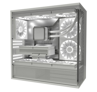 Modern computer system unit with multiple fans and internal components. 3d illustration isolated on white
