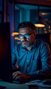 Focused man working late on computer with glasses, night office and productivity concept