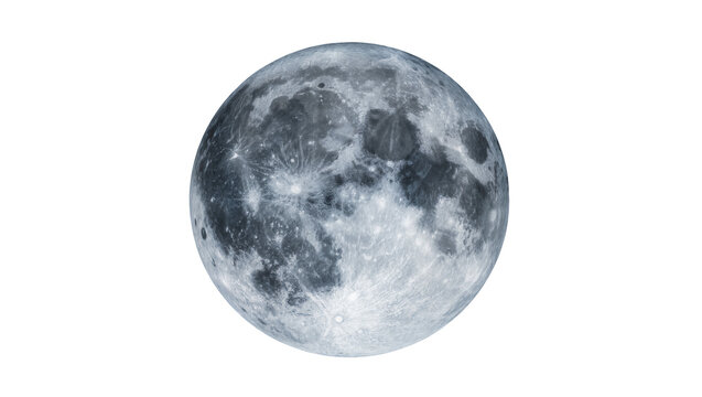 Detailed full moon with craters and maria, isolated on transparent background