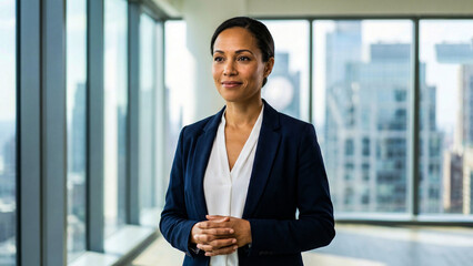 Fototapeta na wymiar Confident businesswoman standing in modern office with city view