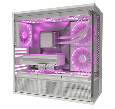 Computer case with purple liquid cooling system and internal components. 3d illustration isolated on white