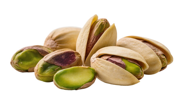 Heap of shelled and unshelled pistachios, isolated on transparent background
