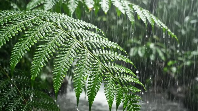 Rain falling on vibrant green fern leaves in lush natural environment, creating a peaceful scene