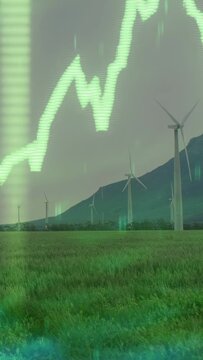 Vertical video: Segmented arrow appearing, green chart pulsing, tracing line showing wind power