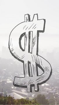 Strokes appearing lower-left drawing sketch dollar sign over roofs illustrating finance then fading