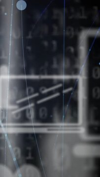 Laptop outline appearing, arcs and nodes moving through icon over binary bg showing tech data flow