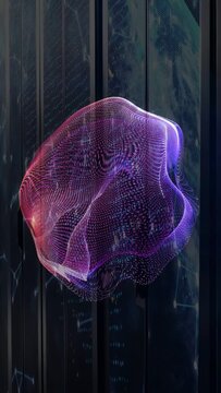 On play lit ribbon mesh unfolding and rotating over tech wall showing particle paths for creators