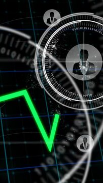 Glowing line appearing, HUD with suit icon expanding, neon graphs targeting users for analytics