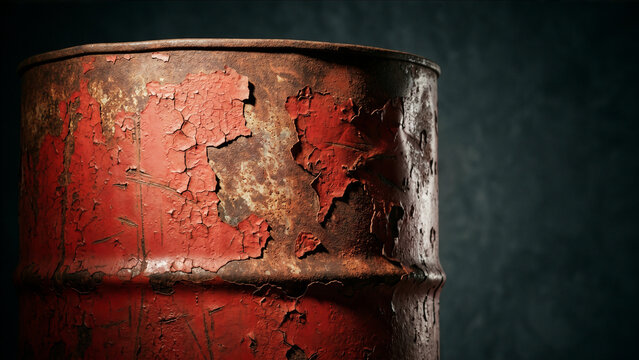 Close-Up of Rusty Red Metal Oil Barrel with Heavily Peeling and Cracked Paint on Dark Gray Background