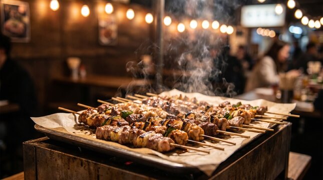 Grilled skewers in warm indoor street-style setting with smoky texture and rich tones. Isolated on White background