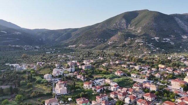 Aerial view of Nidri town at sunset