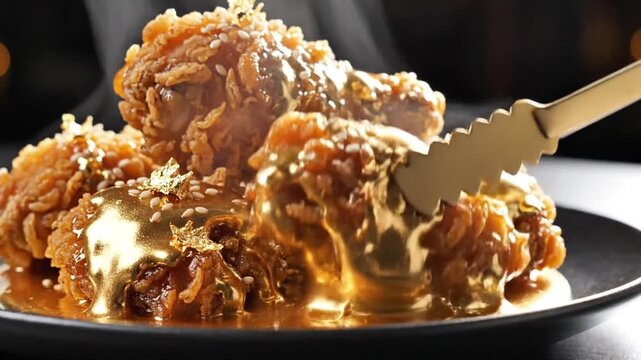 Crispy Chicken Delights: Close-up shot of delectable golden fried chicken, boasting a crispy texture and a tantalizing aroma, with drizzle of golden sauce on top.