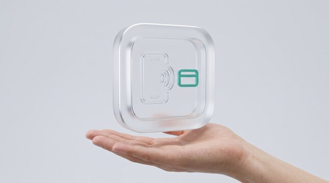 Contactless payment concept, hand holding glass icon with smartphone NFC and credit card symbol on gray background