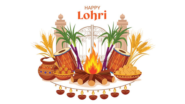 Happy Lohri festival celebration poster with bonfire, drums, sugarcane, and traditional Indian sweets and snacks.