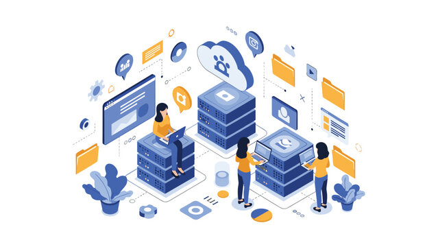 Isometric server room and data center with characters managing digital information storage and cloud networking.