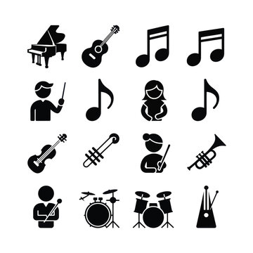 Set of 16 Black Music Instruments and Musician Icons Vector