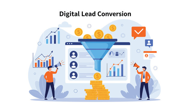 Digital marketing team managing lead conversion funnel process to generate revenue and business growth through advertising.