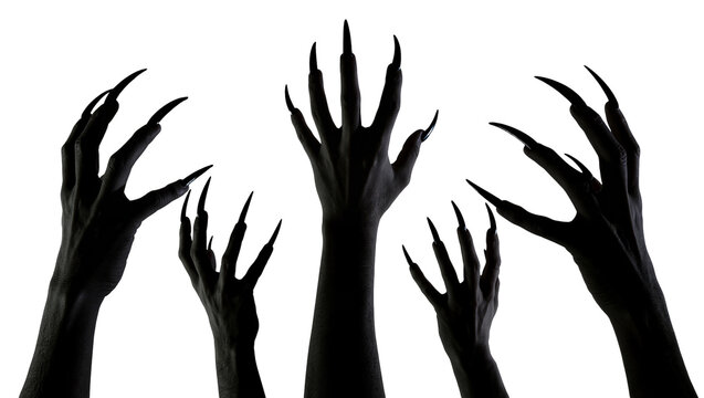 Multiple black demonic hands with sharp claws reaching out, isolated on transparent background