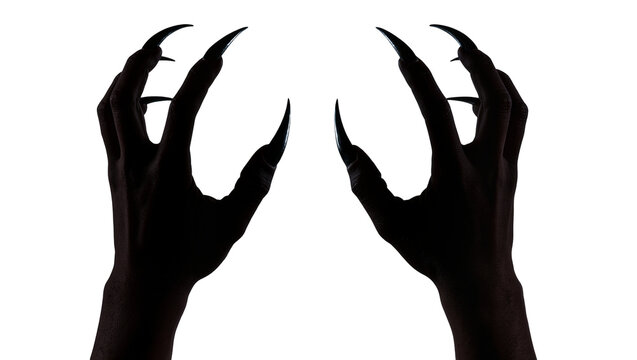 Black demonic hands with sharp claws reaching out, isolated on transparent background