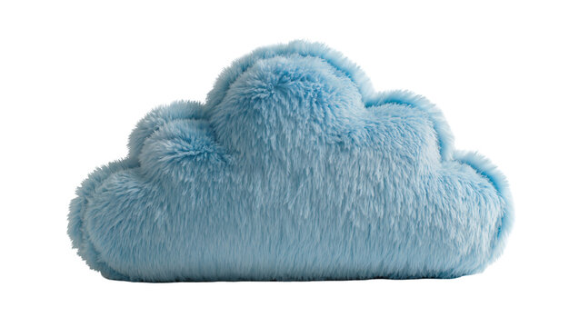 Fluffy blue cloud-shaped plush pillow, isolated on transparent background