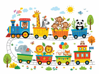 Naklejka premium Colorful cartoon train with various animals on a track surrounded by trees flowers and clouds fun illustration for kids