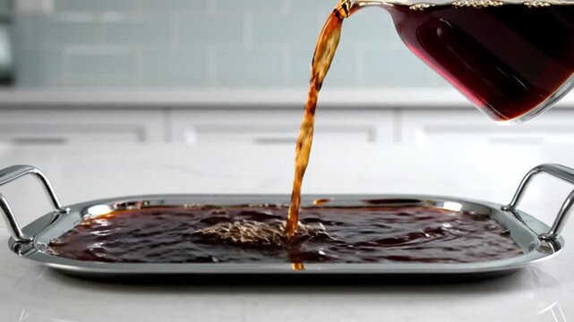 Dark liquid pouring from glass pitcher into stainless steel tray, overflowing and creating ripples on the countertop
