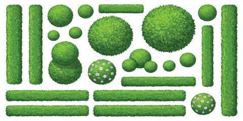 Top view garden landscape design elements with green bushes and hedges © GraphixEra
