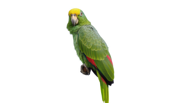 Green parrot with yellow head perched on a branch, isolated on transparent background