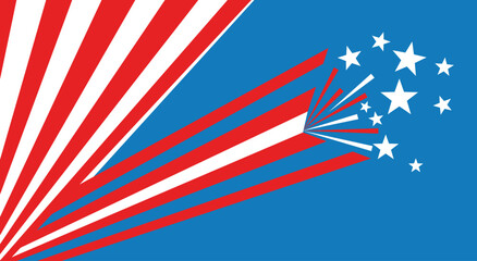 Obraz premium Abstract american flag design with radiating red and white stripes transforming into stars on a blue background