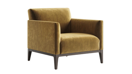 Fototapeta premium Modern mustard yellow velvet armchair with dark wood legs, isolated on transparent background