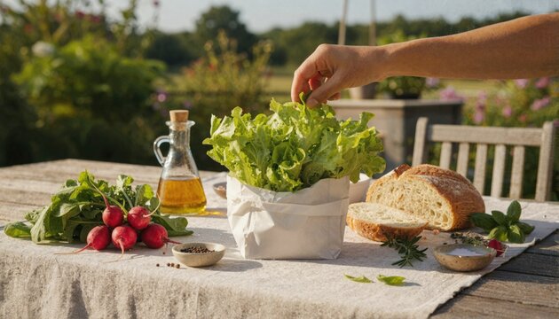 Organic green oak lettuce on a rustic patio table during brunch