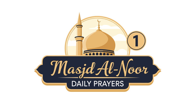 Elegant golden mosque emblem for daily Islamic prayers, featuring a classic minaret and dome design. A spiritual graphic symbol for worship