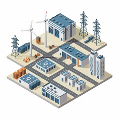Fototapeta premium Industrial complex with wind turbines and power lines.