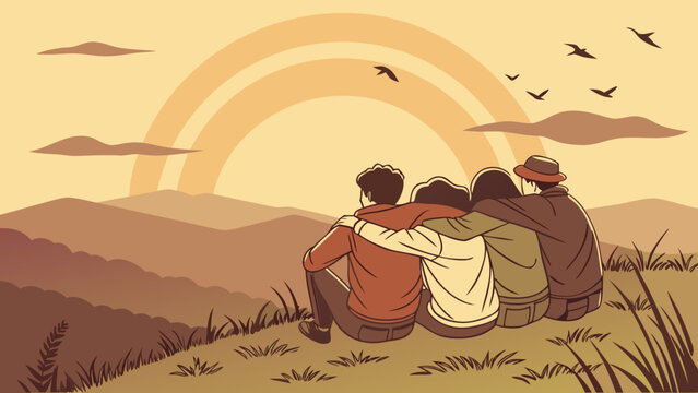 Family gathering under a colorful rainbow during sunset with birds flying by