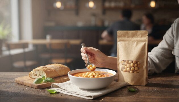 Person enjoying hot soup with golden crouton pearls