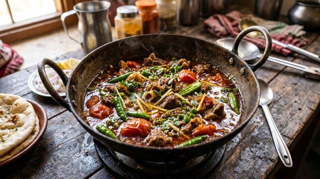 Traditional Pakistani Mutton Karahi served hot with Fresh Naan, Green Chilies and Ginger