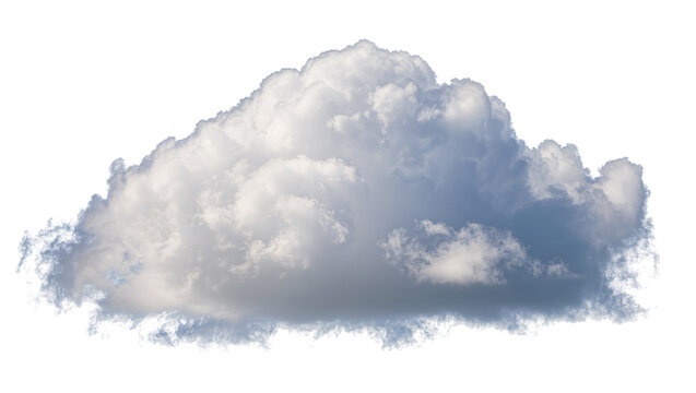 Fluffy cumulus cloud with dark gray undersides, isolated on transparent background
