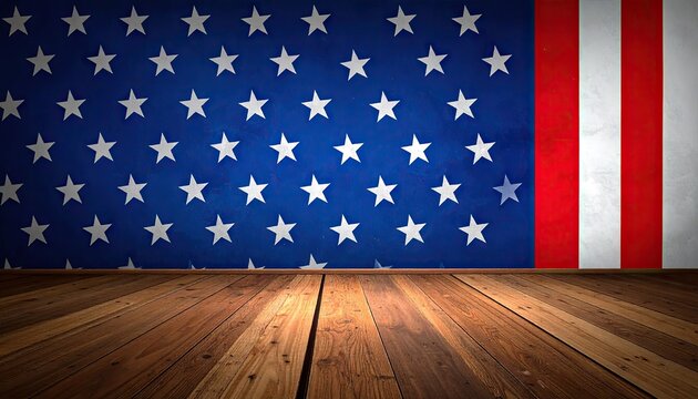 American flag backdrop with wooden floor in rustic setting