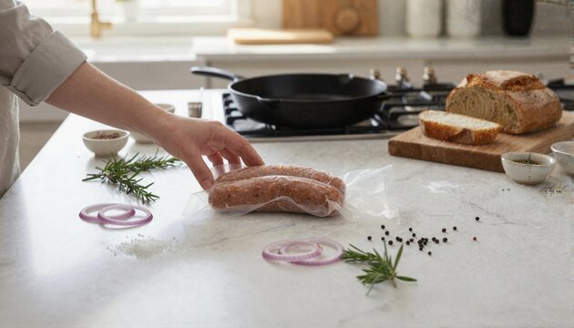 Person preparing breakfast with gourmet sausages and herbs
