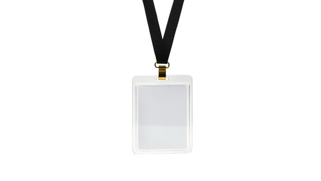 Clear plastic badge holder with black lanyard and gold clip, isolated on transparent background