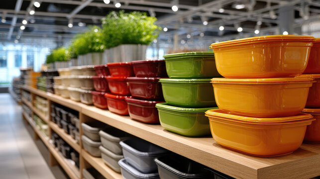 Colorful plastic containers, basins, and boxes neatly displaying on wooden shelves in a modern retail store, offering practical storage and home organization options