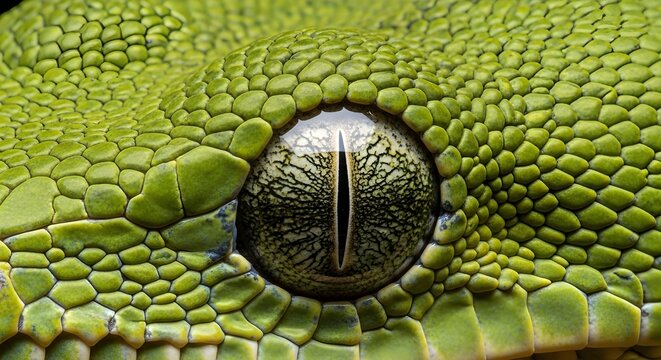 Macro Side Profile of Green Tree Python Eye with Intricate Iris Pattern and Jewel Like Scales