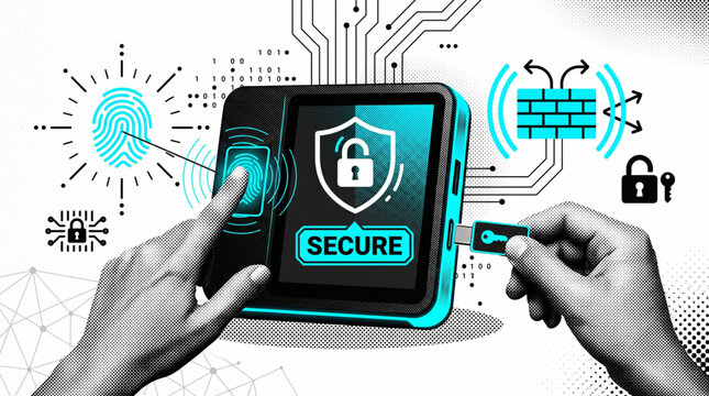 Trendy halftone collage art for digital cybersecurity showing multi-factor authentication with biometric fingerprint scanning, hardware security keys, and network firewall protection systems.
