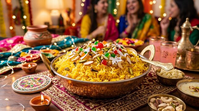 Pakistani Zarda Sweet Rice with Dry Fruits and Candied Cherries in a Festive Setting