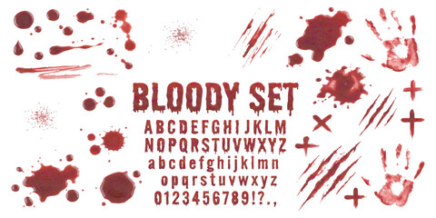 Bloody horror alphabet set with scary handprints and splatter vector illustration © GraphixEra