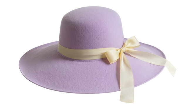 Lavender wide-brimmed felt hat with cream ribbon and bow, isolated on transparent background