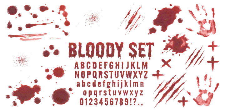 Bloody horror alphabet set with scary handprints and splatter vector illustration